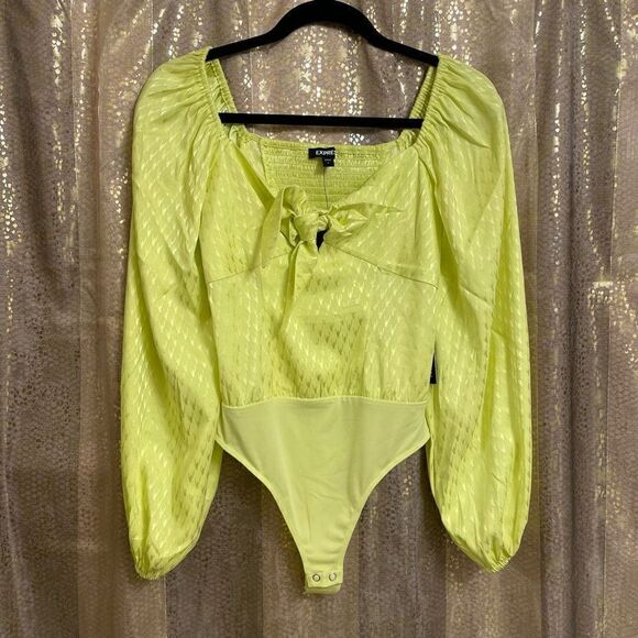 Express Neon Yellow Satin Jacquard Balloon Sleeve Bodysuit, S NWT - Picture 1 of 8
